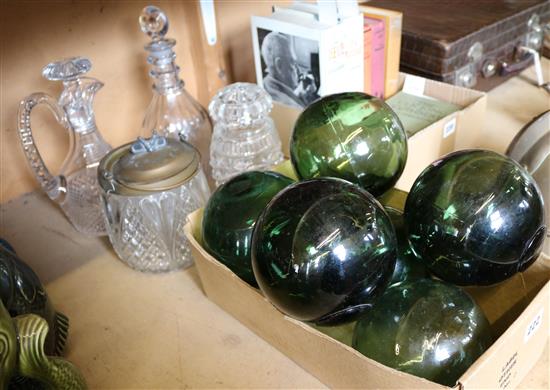 Late Victorian cut glass claret jug, cased decanter and a collection of dark green glass fishing float balls